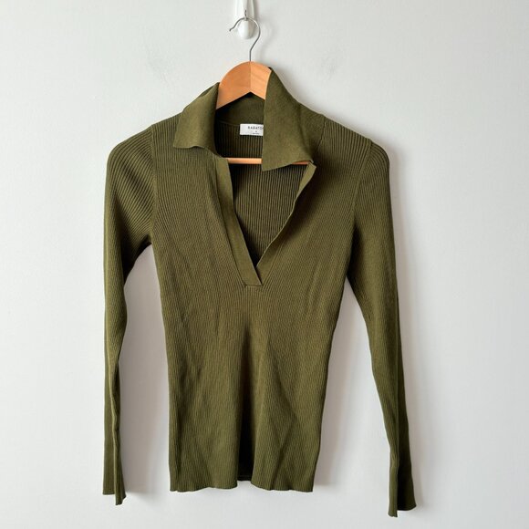 Aritzia Babaton Leyster Ribbed Polo Knit Sweater Top Dark Green Size Small - Picture 4 of 7